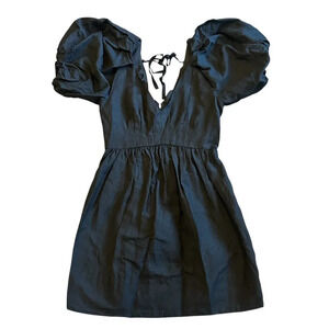 Hunter Bell Andie Linen Blend Dress Black Onyx Puff Sleeve Size 6 Women's
